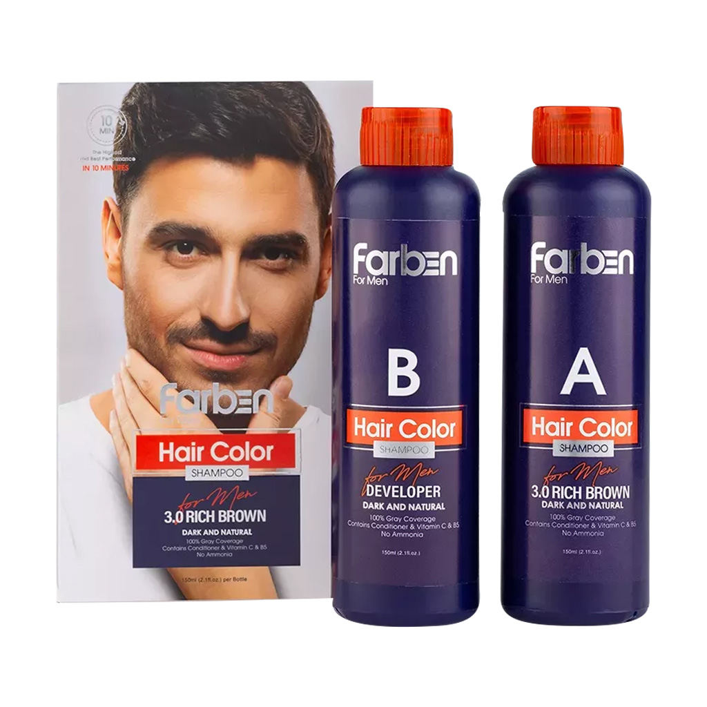 Farben-Brown-3.0-Hair-Color-Shampoo-For-men-150-2.jpg شامپو رنگ مو مردانه قهوه ای تیره فاربن شماره ۳/۰ farben - تصویر 1